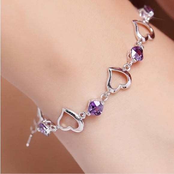 925 Sterling Silver Bracelet Heart Purple Crystal Zircon Bracelet For Woman - Picture 1 of 4